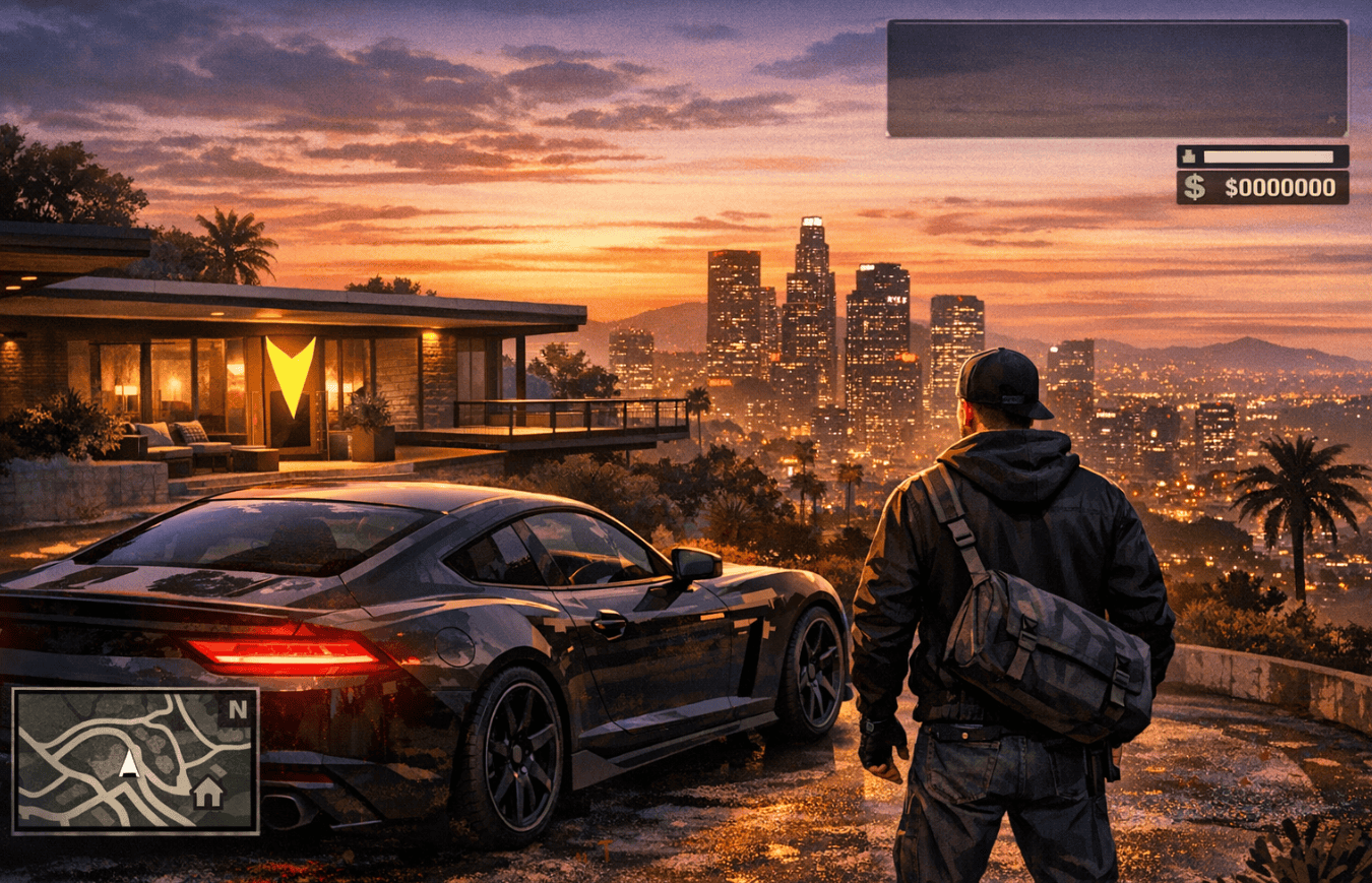 GTA Online Safehouse in the Hills getaway driver random event guide illustration with getaway car and hilltop safehouse at sunset