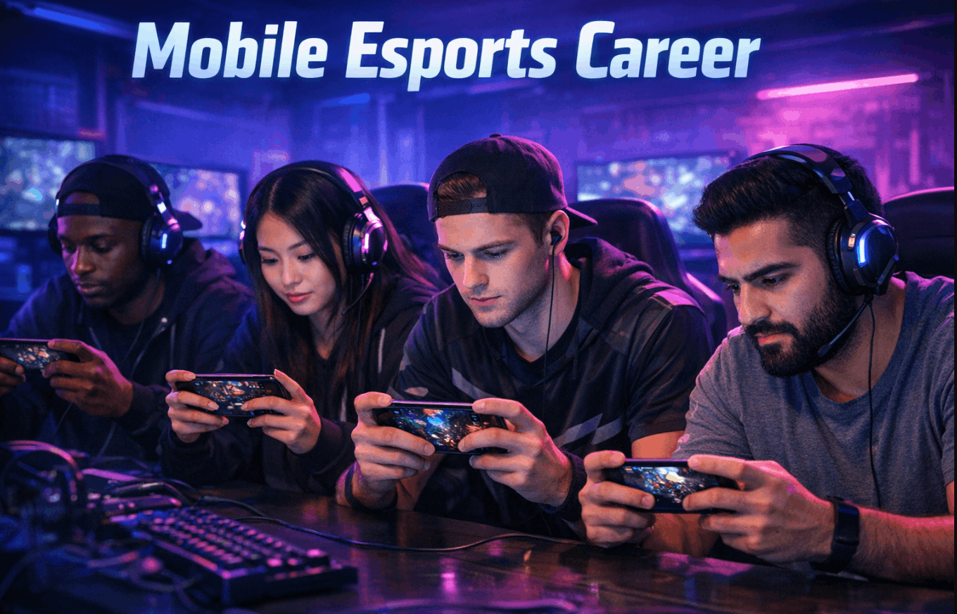 “Mobile Esports Career” with a team of mobile gamers in a neon bootcamp setting